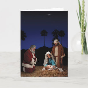 Santa Kneeling vid Nativitet Helgkort