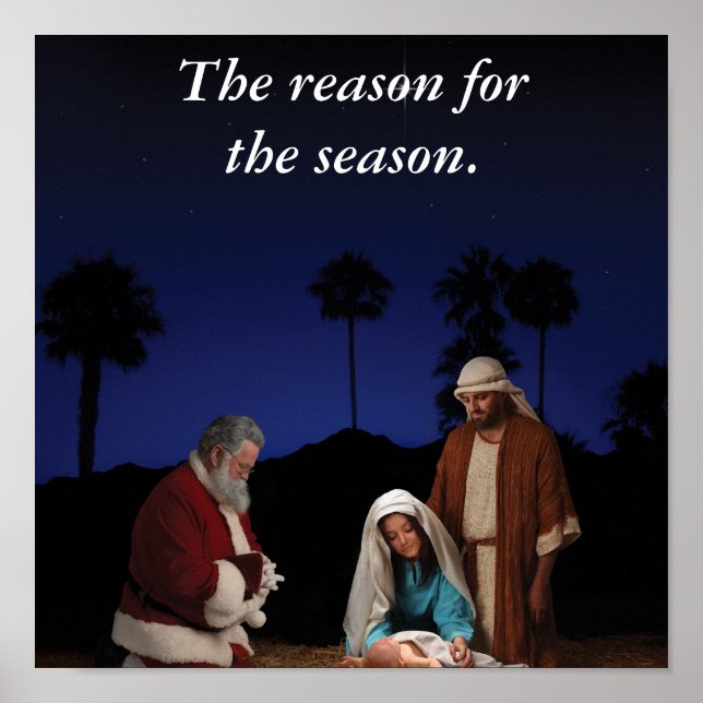 Santa Kneeling vid Nativitet Poster (Framsidan)