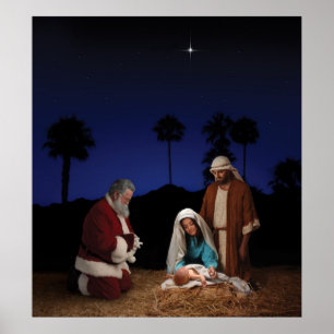 Santa Kneeling vid Nativitet Poster