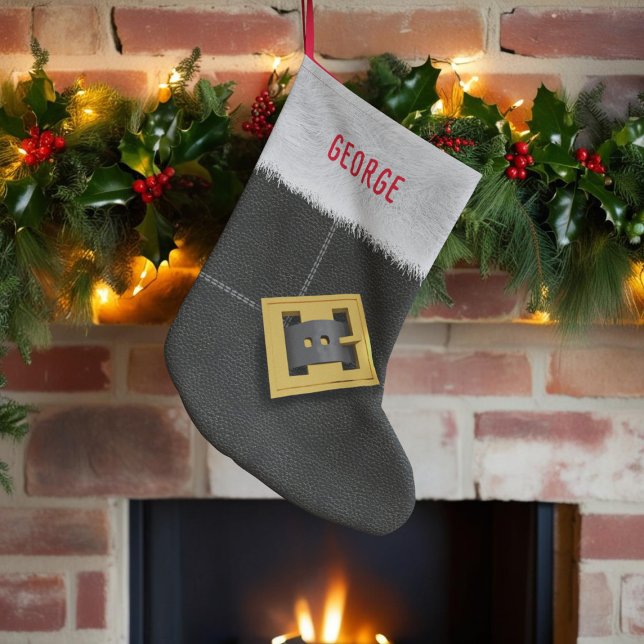 Santa Kostym Black Boot Buckle Kids Stor Julstrumpa (A fun stocking inspired by santa's boots. Just add your name)
