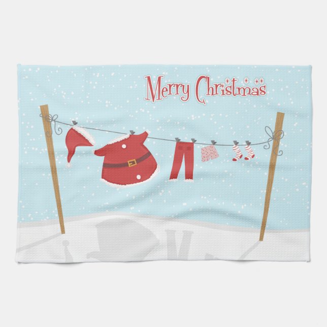 Santa Kostym på Clothesline jul Kitchen Towel Kökshandduk (Horisontell)