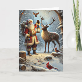 Santa Lantern Reindeer Birds Snowy Forest 1 Helgkort