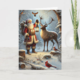 Santa Lantern Reindeer Birds Snowy Forest 1 Helgkort