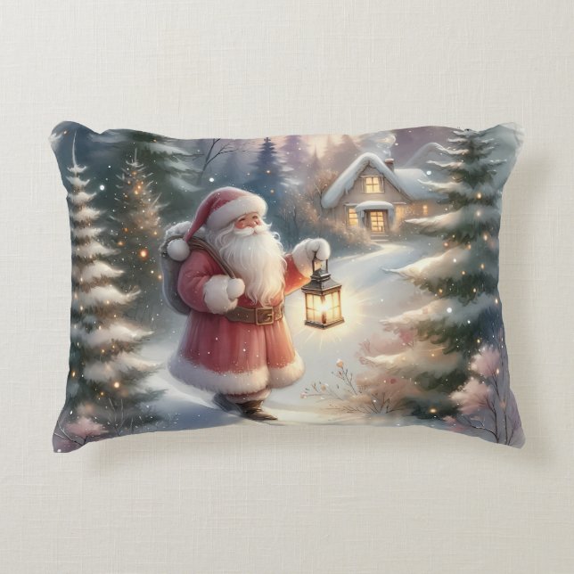 Santa Lantern Walk Winter Cottage Scene Prydnadskudde (Framsidan)