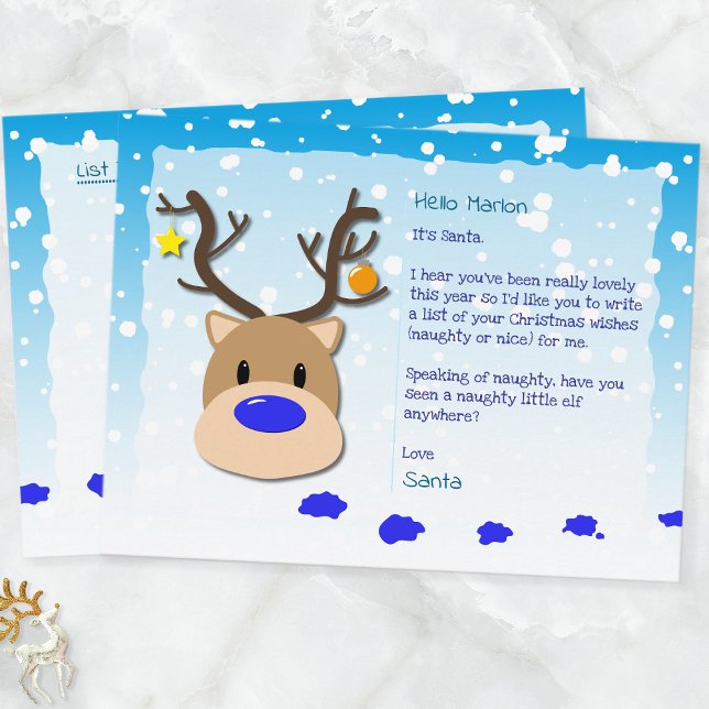 Santa Letter, Christmas List, Postcard For kids Helg Vykort (Blue Reindeer & Elf Santa Postcard For Kids)