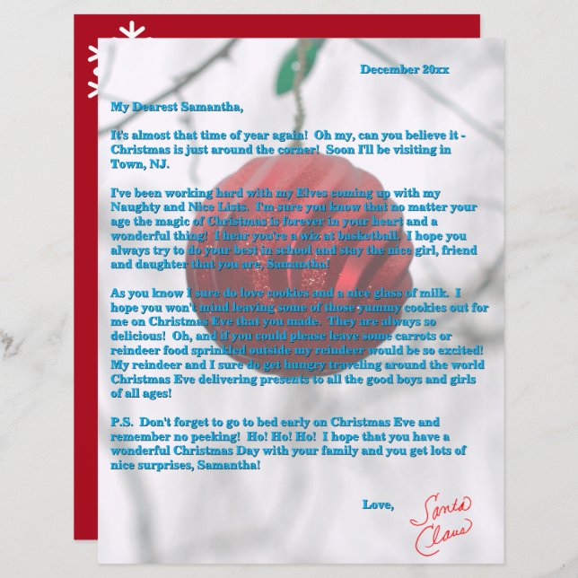 Santa Letter Red Ornament Snowflakes (Fram/baksida)