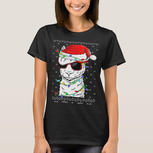 Santa Llama  Christmas Lights Ugly Llama Xmas T Shirt (Framsida)