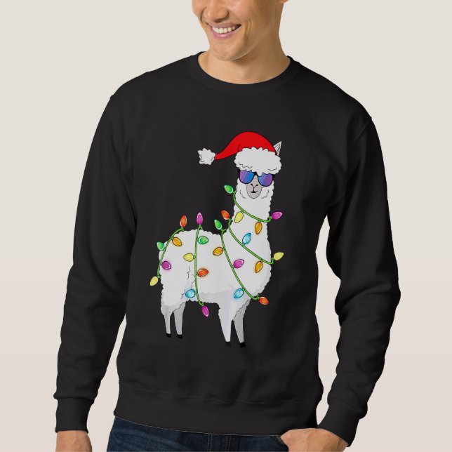 Santa Llama Julgran Ljus Llama Julafton Lång Ärmad Tröja (Framsida)