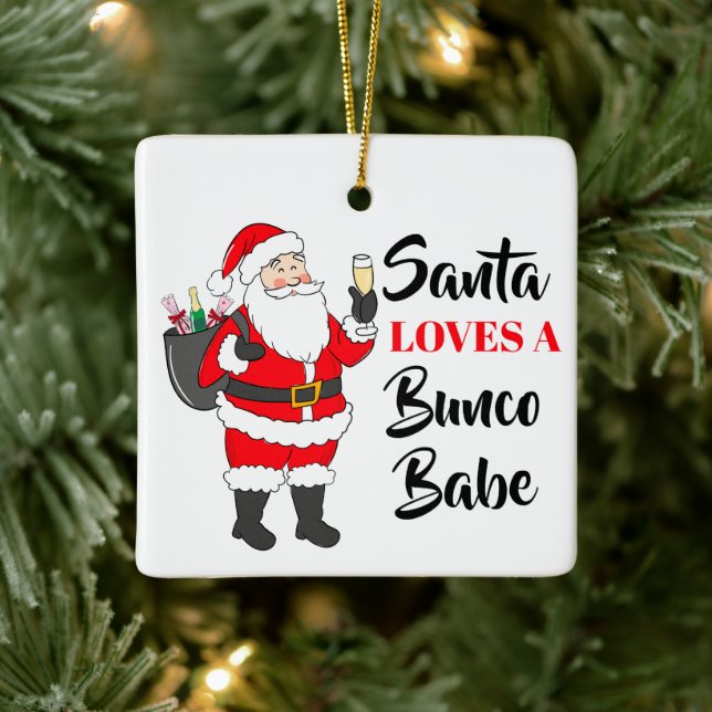 Santa Loves A Bunco Babe Funny Wine Custom Julgransprydnad Keramik (Träd)
