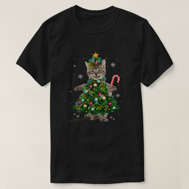 Santa Maine Coon Cat Julgran Light Funny Xm T Shirt (Design framsida)