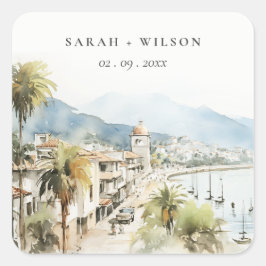 Santa Marta Colombia Watercolor Landscape Wedding Fyrkantigt Klistermärke