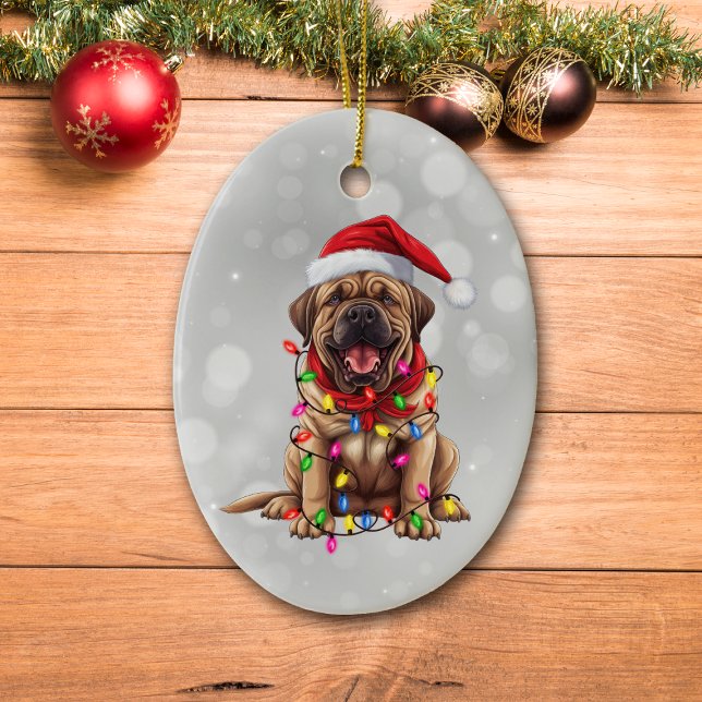 Santa Mastiff Hund Wrapped i julafton Ljus Julgransprydnad Keramik (Skapare uppladdad)