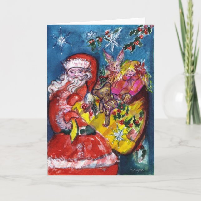 SANTA MED CHRISTMAS GIFT SACK,LEKSAKER I SNÖ HELGKORT (Framsida)