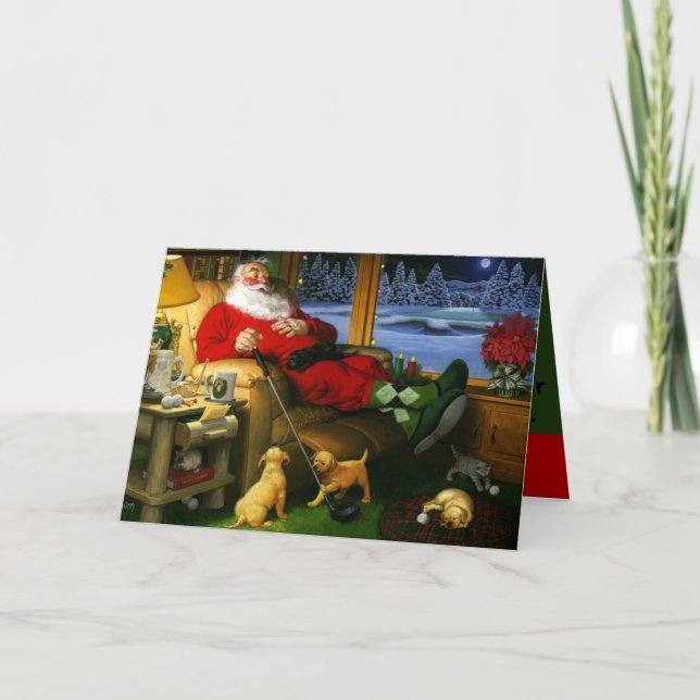 Santa med en golfchaufförjulkort helgkort (Framsida)