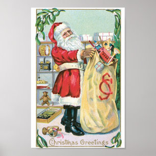 Santa med ett stort hänger lös av gåvor poster