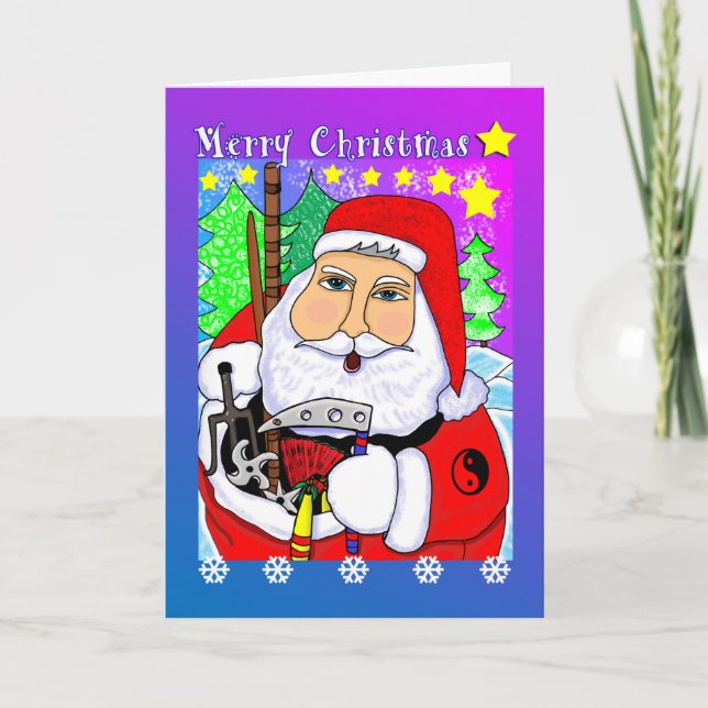 Santa med kortet för kampsportgåvahälsning helgkort (Framsida)