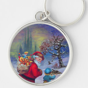 SANTA MED LEKSAKER OCH BARN I VINTERN SNÖ RUND SILVERFÄRGAD NYCKELRING