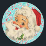Santa med Peppermints Runt Klistermärke<br><div class="desc">Söt Vintage Santa design av ett Jolly Jultomten mot turkobakgrunden med pepparfärger och polkagrisar.</div>