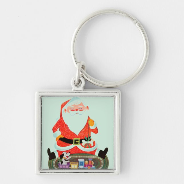 Santa med tåg fyrkantig silverfärgad nyckelring (Framsidan)