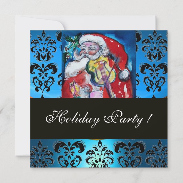 SANTA MED VIOLIN,BLUE BLACK DAMASK MONOGRAM Ruby Inbjudningar (Framsida)