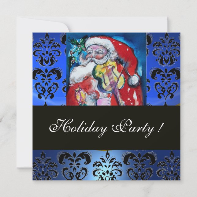SANTA MED VIOLIN,BLUE BLACK DAMASK MONOGRAM Ruby Inbjudningar (Framsida)