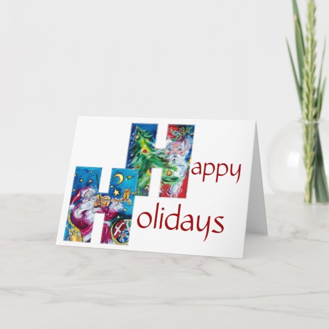 SANTA MED VIOLIN OCH JULGRAN MONOGRAM HELGKORT (Framsida)