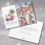 Santa Mele Kalikimaka Beach jul Photo Julkort<br><div class="desc">Santa Mele Kalikimaka Beach-julfotoportet Helgdag. Skicka varma, tropiska helgdag med det här lekande julkortet, med plats för tre familjefotografier. Perfekt för stranden älskare eller för dem som bor i soliga språkinställningar som Hawaii, Florida eller Bahamas, belyser detta mönster en återhållsam tomtomttungning i solglasögon på en rosa flamingo som flyter i...</div>