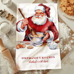 Santa Mixing Cookies Personlig jul Kökshandduk<br><div class="desc">Gå in i helgdag med den här personligen julhandduken med tomten som blandar ihop en massa kakor. Den här festliga designen gör att du får en nostalgisk beröring på ditt kötskal och skapar perfekten för julhelgen. Anpassa den med ditt namn eller ett speciellt meddelande för ett unikt kökstillbehör eller en...</div>