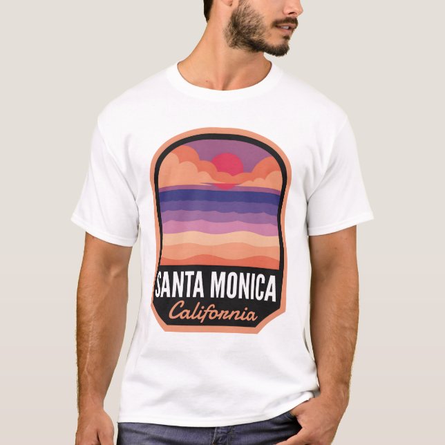 Santa Monica Beach CA Retro Sunset T Shirt (Framsida)