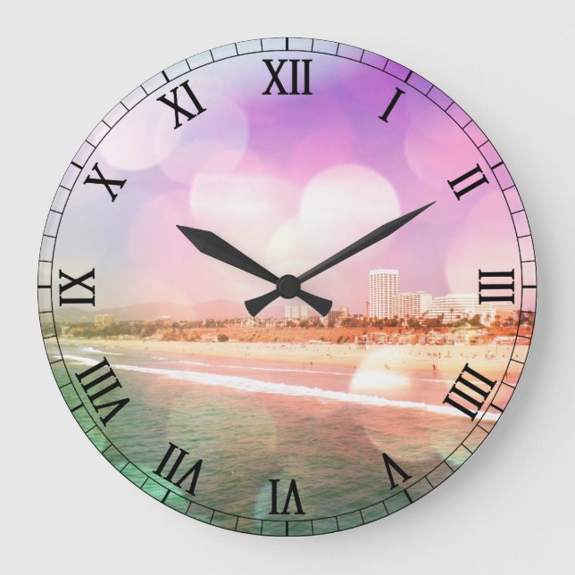 Santa Monica Beach - mousserande Rosa Photo Edit Stor Klocka (Framsida)