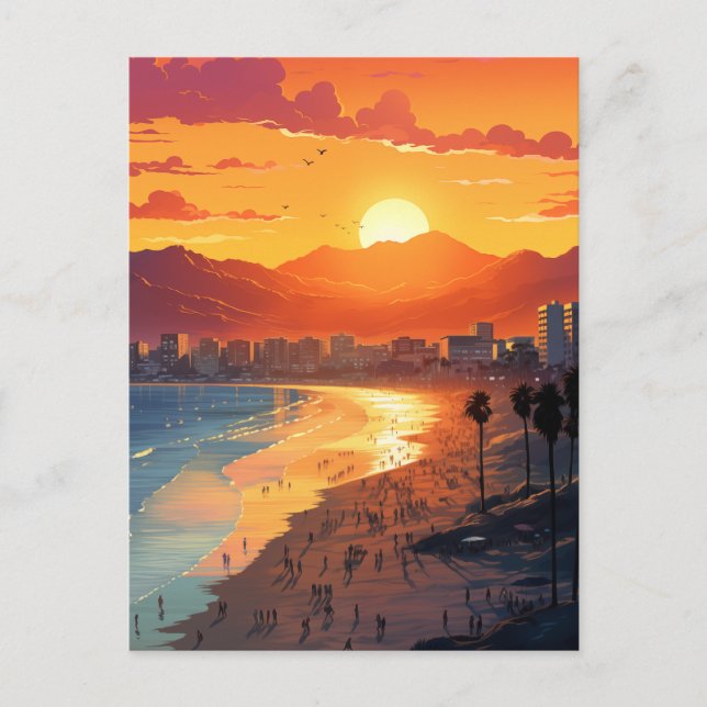 Santa Monica Beach Sunset med Handflatan Träd Helg Vykort (Framsida)