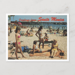 Santa Monica CA, Hälsning, Beach Scene 1970 Retro Vykort