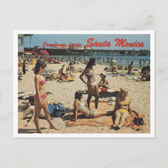 Santa Monica CA, Hälsning, Beach Scene 1970 Retro Vykort (Framsida)