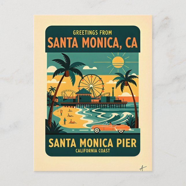 Santa Monica CA Pier Retro Resa 1950-talet Vykort (Framsida)