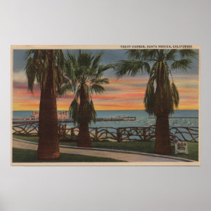 Santa Monica, CA - Yacht Harbour och Sunset View Poster