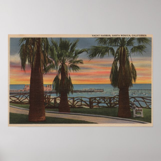Santa Monica, CA - Yacht Harbour och Sunset View Poster (Framsidan)