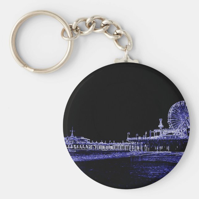 Santa Monica Pier Blue Neon Night Photo Edit Nyckelring (Framsidan)