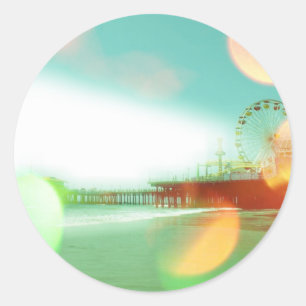 Santa Monica Pier Grönt Orange Sparkles Edit Runt Klistermärke