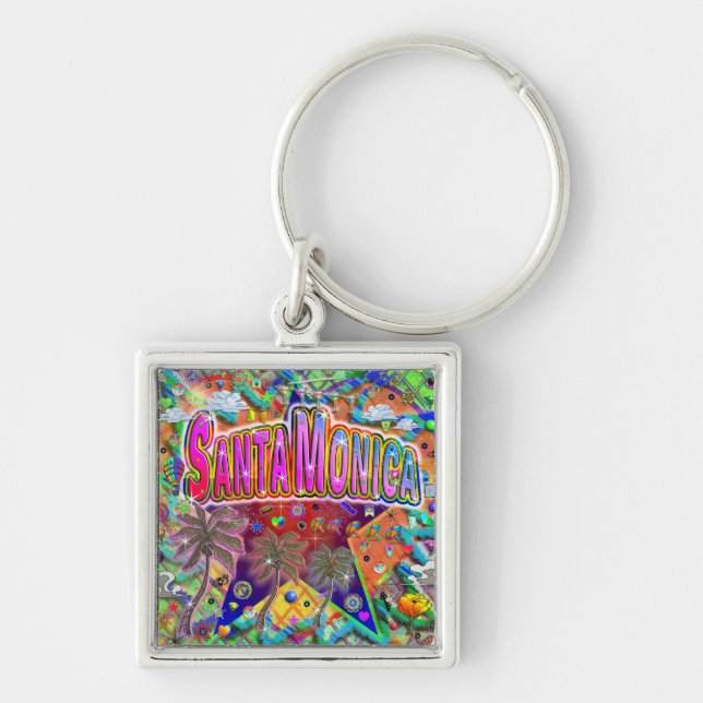 Santa Monica Risk Factor Keychain Fyrkantig Silverfärgad Nyckelring (Framsidan)