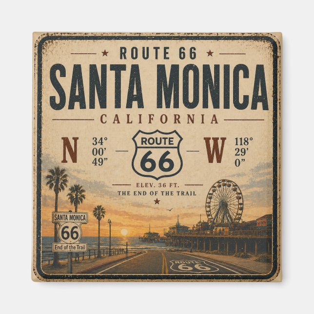 Santa Monica Route 66 Kylskåpskonst Magnet (Framsidan)