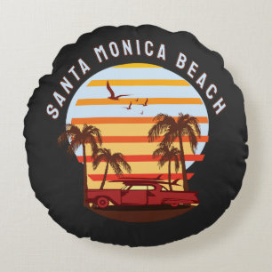 Santa Monica Strand Retro Solnedgång Vintage Rund Kudde