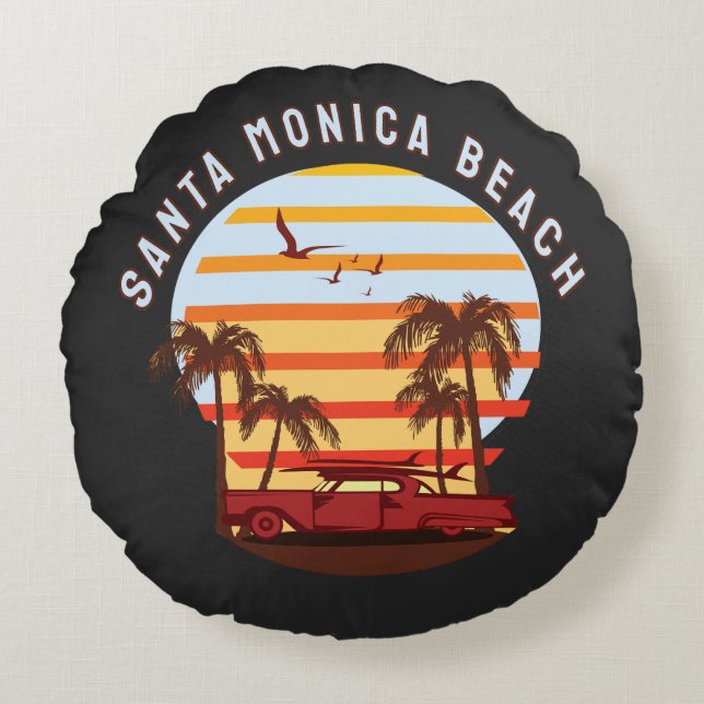 Santa Monica Strand Retro Solnedgång Vintage Rund Kudde (Framsidan)
