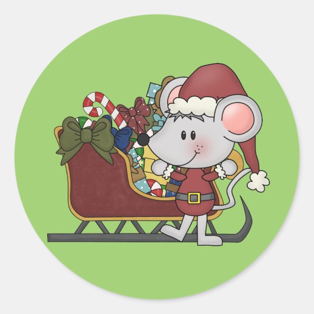 Santa Mouse with Sled Runt Klistermärke (Framsida)