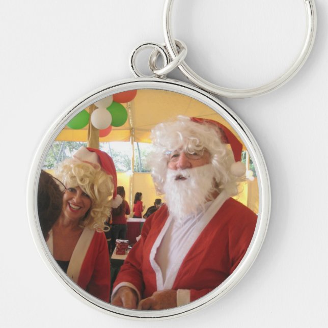 Santa & Mrs Claus God Firande - Festive Rund Silverfärgad Nyckelring (Framsidan)