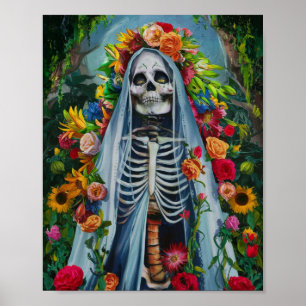 Santa Muerte med färgblommor Poster