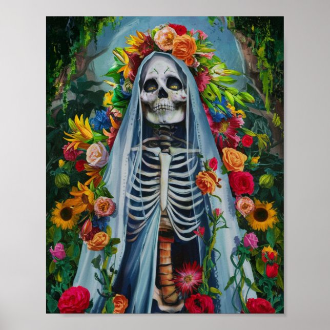 Santa Muerte med färgblommor Poster (Framsidan)
