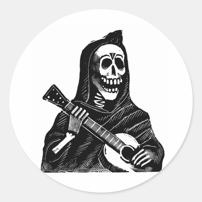 Santa Muerte med Guitar circa tidigt 1900-talet Runt Klistermärke (Framsida)