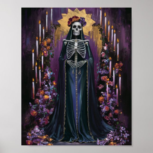 Santa Muerte med ljus och blommor Poster (Framsidan)