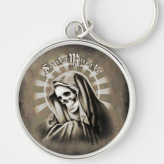 Santa Muerte Rund Silverfärgad Nyckelring (Framsidan)