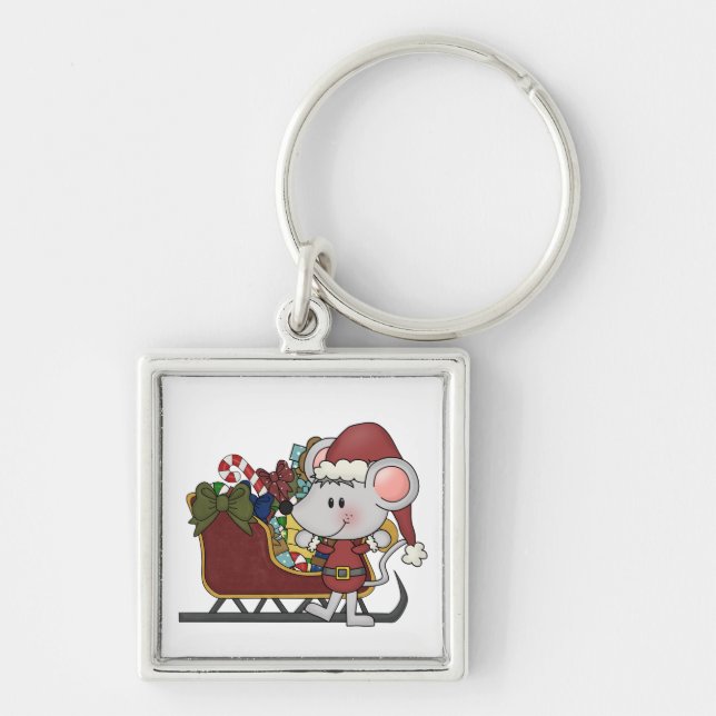 Santa mus med sleden fyrkantig silverfärgad nyckelring (Framsidan)